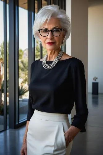 Mature lady, chief curator, professional attire, silver hair, glasses, elegant makeup, necklace, white blouse, black pencil skirt, high heels, standing, Palm Springs Art Museum, modern architecture, g