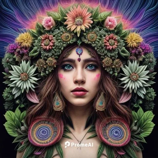 She is the psychedelic goddess of nature with a third eye.,psychedelic art,crown chakra flower,boho art,girl in a wreath,fairy peacock,pachamama,cosmic flower,wreath of flowers,mandala flower,shamanic