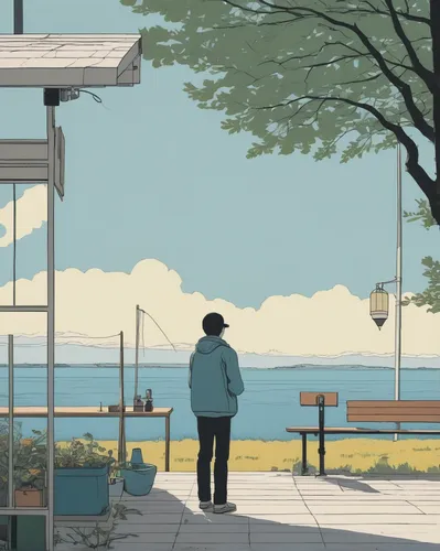 seaside,boardwalk,seaside country,studio ghibli,seaside view,waterfront,osaka bay,seashore,man on a bench,sea-shore,by the sea,shirakami-sanchi,lakeshore,sayama lake,the waterfront,summer day,bus stop,scenery,overlook,docks,Illustration,Vector,Vector 10