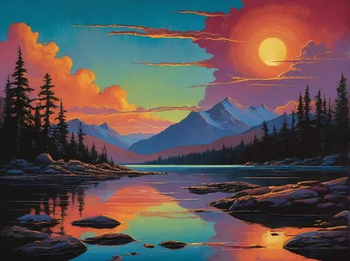 mountain sunrise,futuristic landscape,mountain landscape,dusk,volcano,mountains,fantasy landscape,landscape background,alpine sunset,mountain lake,painting technique,vast,mountain scene,river landscape,acid lake,alaska,nature landscape,volcanos,evening lake,high mountains,Conceptual Art,Fantasy,Fantasy 07