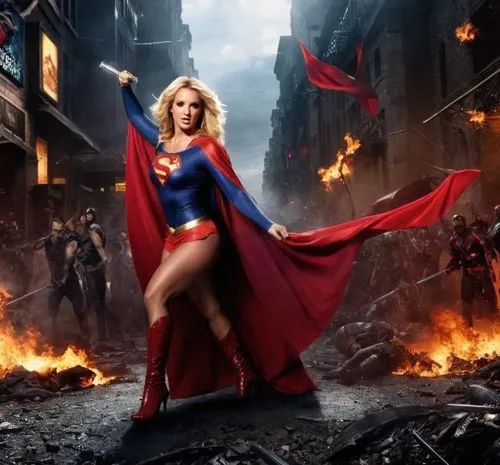 Britney Spears lutando  contra o inimigo Apocalipse Dc Comics,a woman dressed as superman is holding two swords,supergirl,super heroine,super woman,superhero background,superwoman,superheroine,krypton