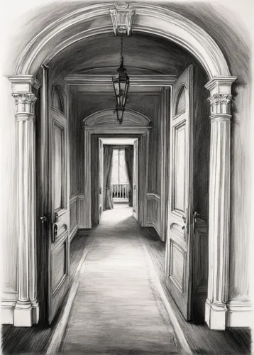 hallway,corridor,hallway space,the threshold of the house,entrance hall,empty hall,empty interior,entry,thoroughfare,doorway,passage,entry path,threshold,creepy doorway,hall,house entrance,walkway,hall of the fallen,aisle,archway,Illustration,Black and White,Black and White 35