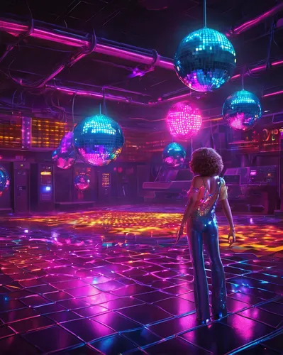 disco,nightclub,ufo interior,cyberpunk,neon cocktails,colored lights,80s,dance club,disco ball,neon ghosts,neon drinks,neon light,prism ball,80's design,retro diner,neon lights,neon coffee,arcade,clubbing,arcade games,Illustration,Realistic Fantasy,Realistic Fantasy 38