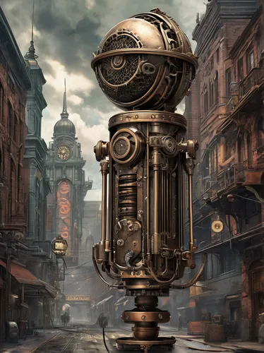 Imagine a futuristic microphone stand in a cyberpunk city.,steampunk,clockmaker,water hydrant,hydrant,steampunk gears,fire hydrant,above-ground hydrant,grandfather clock,parking meter,gas lamp,fallout