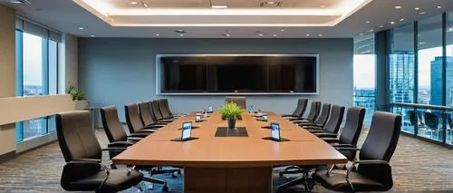 Cisco unified communications, modern conference room, sleek wooden table, high-backed executive chairs, large flat-screen display, video conferencing equipment, microphones, speakers, routers, switche