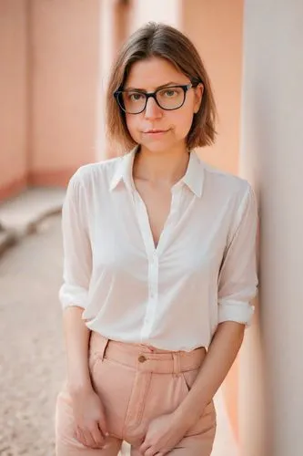 with glasses,pink glasses,librarian,glasses,portrait background,pink background,silver framed glasses,portrait photography,pink round frames,reading glasses,female model,menswear for women,portait,senior photos,white shirt,in a shirt,woman portrait,social,composite,girl on a white background,Photography,Realistic