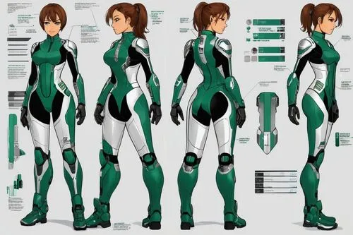 A female superhero, petite figure, brown hair, color: Emerald green, silver and white, comic book art style,makoto,xeelee,kuribayashi,asuka langley soryu,synthroid,morphogenetic,pneuma,banagher,takaga