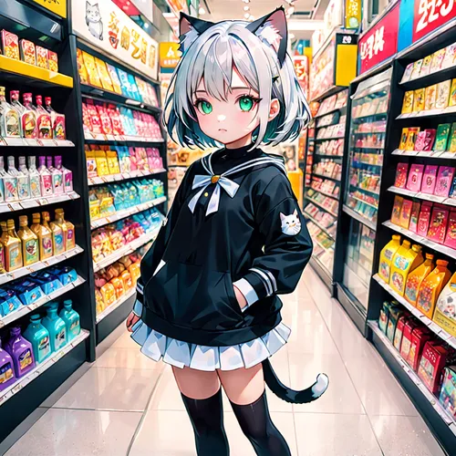 convenience store,grocery,grocery shopping,harajuku,nyan,piko,cocoa,groceries,grocery store,supermarket,supermarket shelf,shopping icon,hatsune miku,pantry,uruburu,miku,candy store,shopkeeper,consumer,black drink,Anime,Anime,General