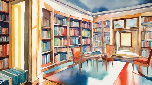 study room,bookshelves,reading room,watercolor background,study,colored pencil background,book wall,tea and books,bookcase,coffee and books,bookshop,bookshelf,book illustration,bookstore,watercolor ca