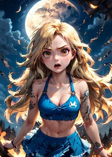 a young woman, brown eyes, long Blond hair, angry, blue bikini and skirt, moon symbol, wolf tattoo,a anime girl wearing a blue outfit and looking,nami,rikku,natsu,sakamaki,margairaz,rafaela,Anime,Anim