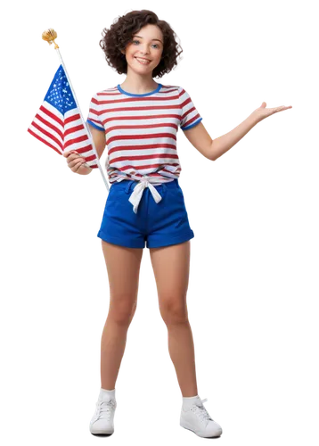 Patriotic girl, cartoon style, smiling face, rosy cheeks, blue eyes, curly short hair, red and white striped shirt, blue shorts, holding small American flag, standing on one leg, patriotic background,