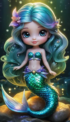 a beautiful magical fullbody chibi mermaid with big breautiful aurora eyes , aurora,sparkles , 8k resolution ,highly detailed,mermaid background,green mermaid scale,mermaid vectors,mermaid scales back