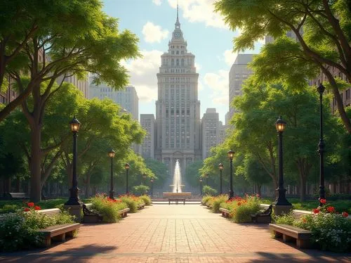 Neoclassical skyscraper, urban park, lush greenery, walking paths, ornate benches, Victorian-style street lamps, blooming flower beds, tall trees providing shade, intricate fountains, grand staircase 