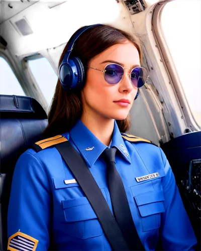 Airplane, cockpit view, pilot seat, control yoke, navigation instruments, headphones, blue uniform, aviator sunglasses, serious expression, morning sunlight, soft focus, shallow depth of field, realis