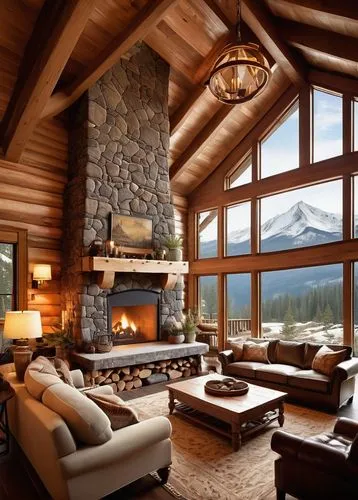 the cabin in the mountains,alpine style,fire place,log home,log cabin,chalet,house in the mountains,beautiful home,luxury home interior,house in mountains,family room,fireplaces,snow house,lodge,coziness,warm and cozy,crib,living room,log fire,nestled,Illustration,Retro,Retro 15