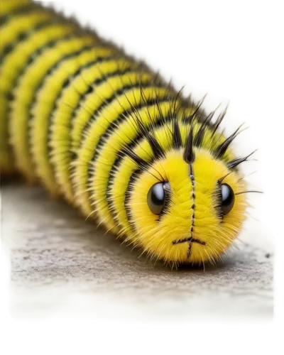 Fuzzy caterpillar, green body, yellow stripes, black spots, tiny legs, antennae, soft focus, shallow depth of field, warm color tone, 3/4 composition, facial close-up, soft lighting, natural texture.,