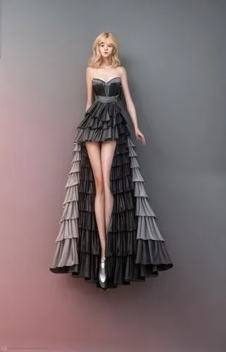 mujer joven, rubia de cabello ondulado, con un sostén color piel de encaje, encima un vestido de tul color negro en capas y largo con un cinturón plateado con brillos plateados ,ball gown,tulle,crinol