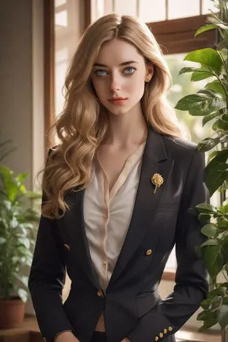 A young woman with fair skin, long wavy blonde hair, and blue eyes, stands confidently in an indoor setting. She is dressed in a black, tailored blazer with strong shoulders and adorned with two rows 