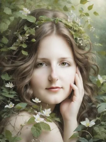 girl in flowers,beautiful girl with flowers,dryad,dryads,celtic woman,faery,faerie,girl in a wreath,mystical portrait of a girl,jingna,girl with tree,portrait background,young woman,behenna,girl in the garden,romantic portrait,beren,birch tree background,spring leaf background,image manipulation