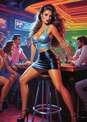 go-go dancing,unique bar,barmaid,bartender,retro diner,waitress,piano bar,nightclub,liquor bar,cosmopolitan,retro women,cd cover,retro woman,bollywood,diner,clubbing,femme fatale,stripper,soda shop,female alcoholism,Illustration,Realistic Fantasy,Realistic Fantasy 16