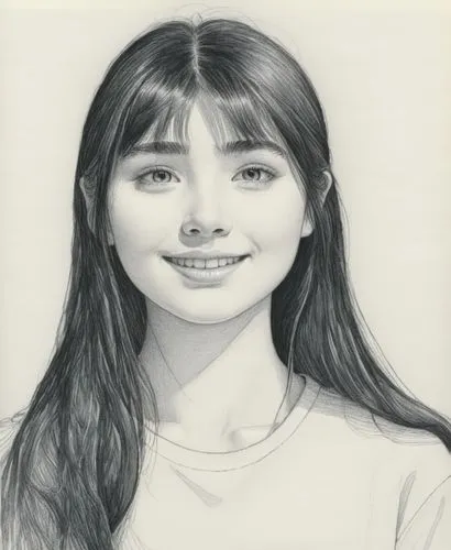 女孩，白色衬衫，黑色长发，黑白,a pencil drawing of a girl smiling,girl drawing,girl portrait,graphite,akimoto,rie,tomoyo,Illustration,Black and White,Black and White 13