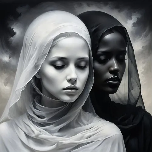 priestesses,gothic portrait,mourners,monjas,norns,sorceresses,canonesses,maidens,moors,veils,widows,handmaidens,matriarchs,rankin,symbolists,noblewomen,opposites,yinyang,dark art,yin and yang,Illustration,Realistic Fantasy,Realistic Fantasy 17