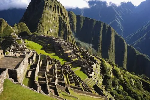 Incan Empire, ancient civilization, stone walls, intricate stonework, ornate gates, vibrant textiles, colorful ceramics, golden jewelry, feathered headdresses, majestic llamas, Andean mountains, misty