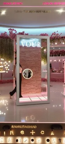 well-stocked luxury makeup store interior of beauty salon pleasant atmosphere excellent luxury lighting delicious aroma in it counters with shadows and makeup, mirrors with lights and hairdressing cha