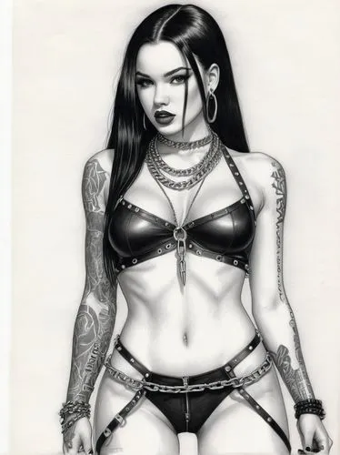 dita,tattoo girl,goth woman,vampira,barb wire,bad girl,tura satana,black jane doe,vampire woman,body jewelry,vampire lady,pencil drawings,maneater,wire mesh,femme fatale,gothic woman,ink,killer doll,ballpoint pen,pencil drawing,Illustration,Black and White,Black and White 30