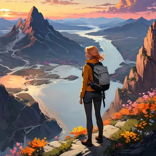 mountain sunrise,alpine crossing,mountain guide,autumn mountains,wander,meteora,traveler,hiker,wanderer,alpine sunset,autumn background,overlook,springtime background,mountain world,mountain,fall landscape,mountain top,mountains,flower in sunset,landscape background,Unique,Design,Character Design