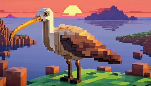 Curlew at Sunrise,pixel art,grey neck king crane,nile goose,pelican,crane-like bird,bird island,pacific heron,brown pelican,ostrich,dalmatian pelican,aztec gull,coastal bird,marsh bird,mega crane,alba