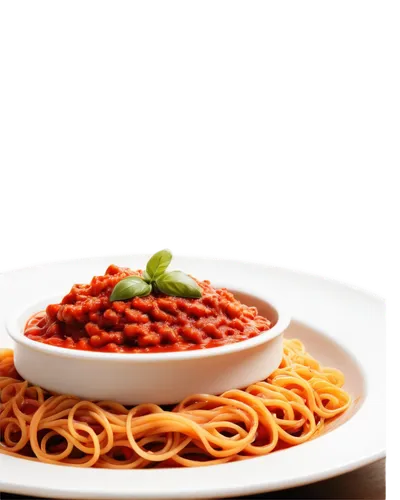 Long, curly spaghetti, Italian dish, red sauce, white plate, fork and spoon, steam rising, warm lighting, shallow depth of field, close-up shot, savory aroma, appetizing composition, realistic texture