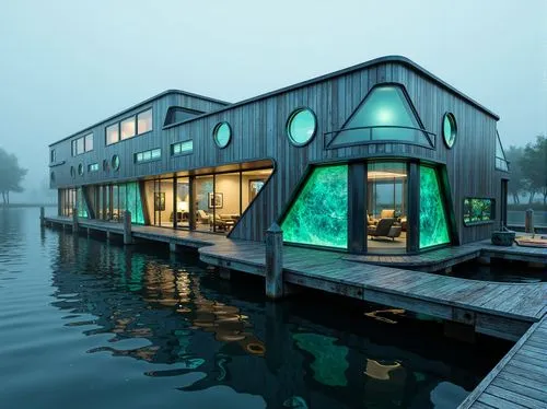 Futuristic boathouse, metallic accents, iridescent hues, neon lights, glowing aqua tones, sleek glass surfaces, reflective chrome details, weathered wood textures, nautical ropes, porthole windows, an