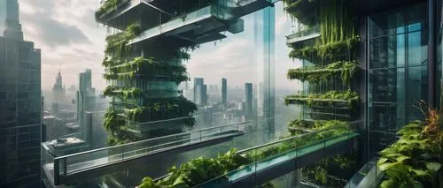 Biophilic architecture, futuristic skyscraper, green walls, lush vines, glass facade, steel beams, cantilevered floors, natural light pouring in, urban jungle, cityscape background, misty morning atmo