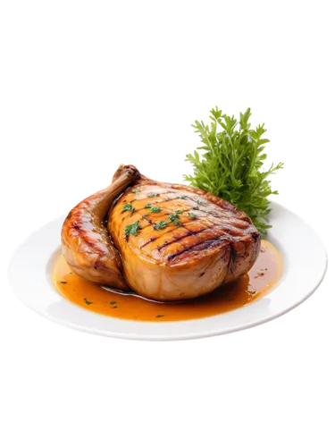 Delicious food, plump breast, roasted, golden brown skin, tender meat, garnished with fresh herbs, served on a white plate, warm lighting, shallow depth of field, appetizing composition, mouthwatering