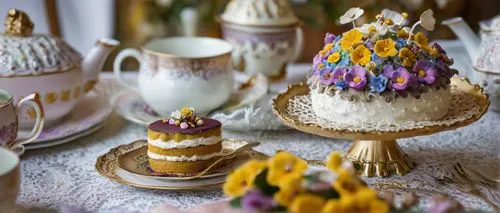 Whimsical shroom cake, colorful mushroom-shaped cake, creamy white frosting, sprinkles, multi-tiered, ornate golden decorations, delicate edible flowers, soft focus, warm lighting, afternoon tea party