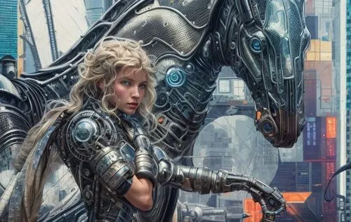 Girl and horse, fantasy, futuristic,,valerian,metropolis,sci fiction illustration,sci fi,futuristic,scifi,sci - fi,sci-fi,cyberpunk,drg,alien warrior,drexel,cyborg,mecha,dystopian,exoskeleton,nova,cg 