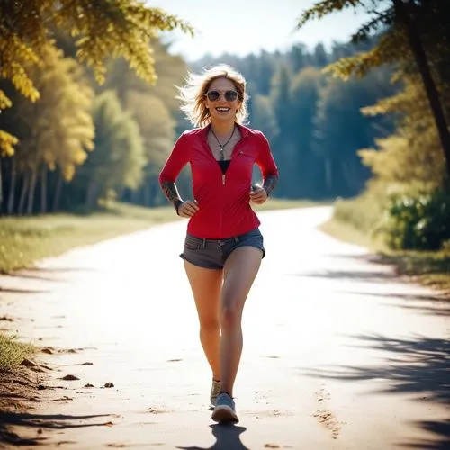 a woman running on the road in a red top,female runner,free running,running,woman walking,jogging,run uphill