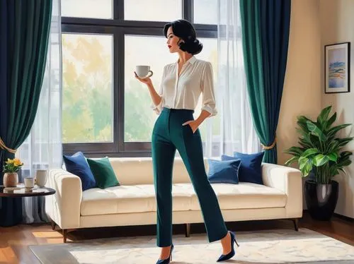 advertising figure,vettriano,woman holding a smartphone,female model,jodhpurs,menswear for women,proportions,longlegs,women clothes,woman drinking coffee,pantsuit,smartsuite,women's clothing,pantsuits,long legs,real estate agent,jinglei,woman in menswear,poise,elegante,Conceptual Art,Daily,Daily 31