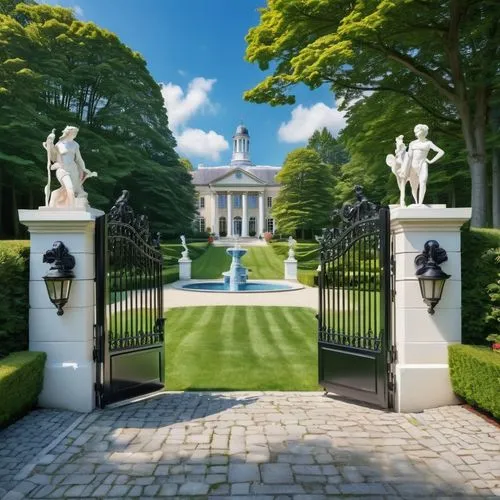 Grand, luxurious, modern gated country estate, stone walls, black iron gates, Bull Path signage, rolling hills, lush green grass, tall trees, flower beds, beautiful landscaping, sunny day, blue sky wi