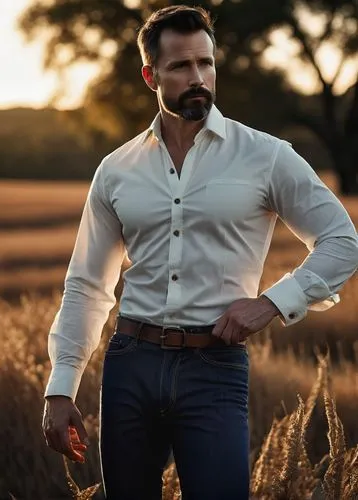 Mature man, Joshuah Wyeth, 35yo, strong facial features, short brown hair, brown eyes, trimmed beard, white shirt, rolled up sleeves, dark blue jeans, black boots, confident posture, standing, country