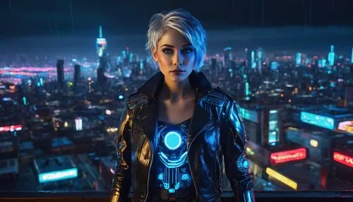 Margo AI, futuristic cyborg, solo, beautiful detailed eyes, glowing blue circuitry, short silver hair, metallic skin, leather jacket, torn jeans, heavy boots, robotic arms, standing, cityscape, neon l