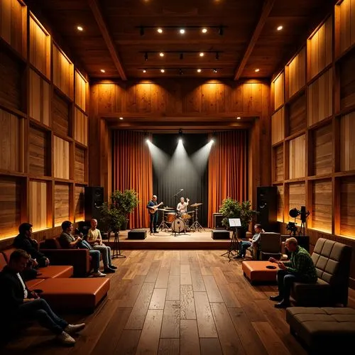 Intimate music venue, warm wood tones, sound-absorbing panels, diffused ceiling lights, cozy seating areas, stage with professional lighting, high-fidelity speakers, acoustic guitars, drum sets, micro