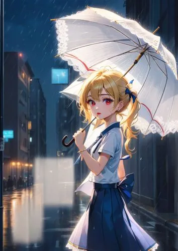 girl with the blonde hair and pony tale , vividly color eyes , red lip , golden earring , white shirt , dark blue skirt with gold lace pattern , left hand with umbrella , the umbrella is solid blue co