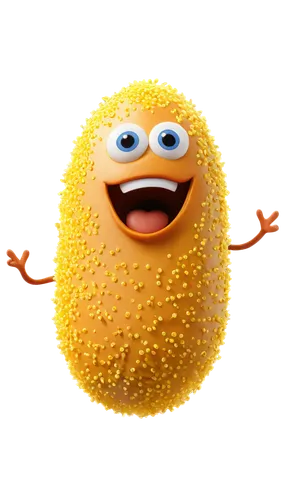 Cartoon egg rolls, colorful, rounded, smiling face, large expressive eyes, yellow yolks as pupils, white creamy filling, crispy brown skin, sprinkles on top, dynamic pose, jumping, spinning, playful, 