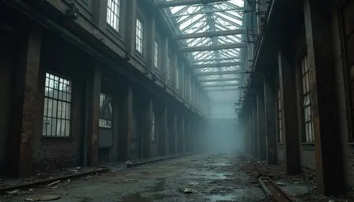 Industrial area, abandoned factory, worn-out bricks, rusty steel beams, broken windows, old machinery, intricate pipes, metallic smell, dim lighting, foggy atmosphere, misty morning, 3/4 composition, 