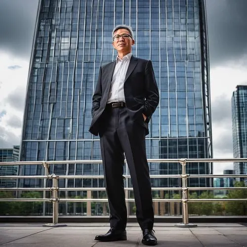 Middle-aged, bespectacled, mature male, architect, Milton Keynes, standing, hands in pockets, black suit, white shirt, dark tie, leather shoes, confident posture, cityscape, modern skyscrapers, glass 