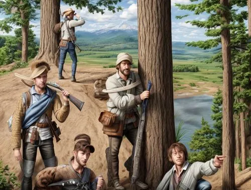 forest workers,hikers,pilgrims,hunting scene,lumberjack pattern,game illustration,american frontier,boy scouts of america,boy scouts,reconstruction,pine family,travelers,spruce branch,mulberry family,foragers,people in nature,western riding,logging,shepherd's staff,villagers,Common,Common,Natural