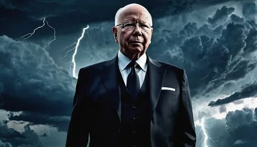 Klaus Schwab, villain, older gentleman, grey hair, thick beard, sharp eyes, sinister smile, black suit, white shirt, black tie, pocket watch, cane, standing, ominous background, dark clouds, thunderst