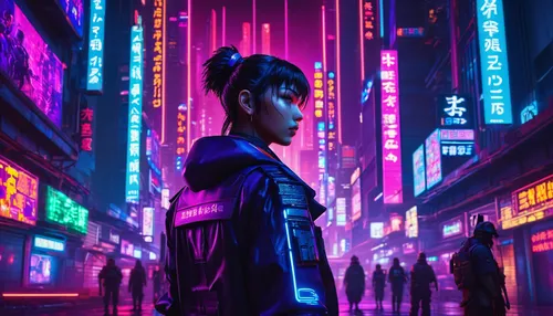 Miroku protecting the innocent from a group of bandits,cyberpunk,futuristic,tokyo,taipei,ultraviolet,tokyo city,shanghai,cyber,hong kong,neon,dystopian,vapor,neon lights,shinjuku,neon light,metropolis